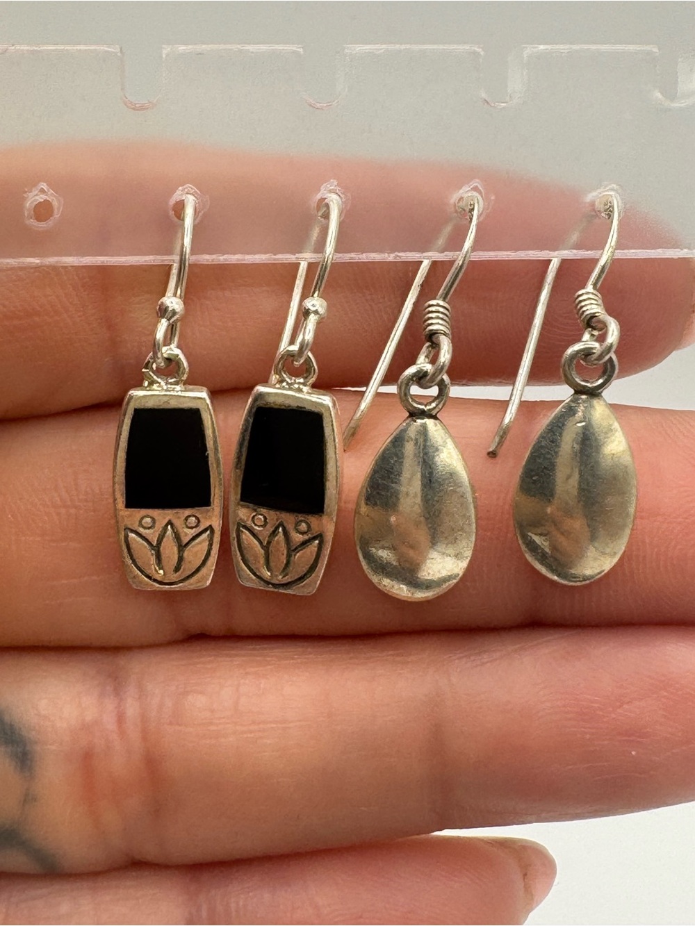 925 Dangle Earrings- Silver and Black with a flower and silver Teardrop